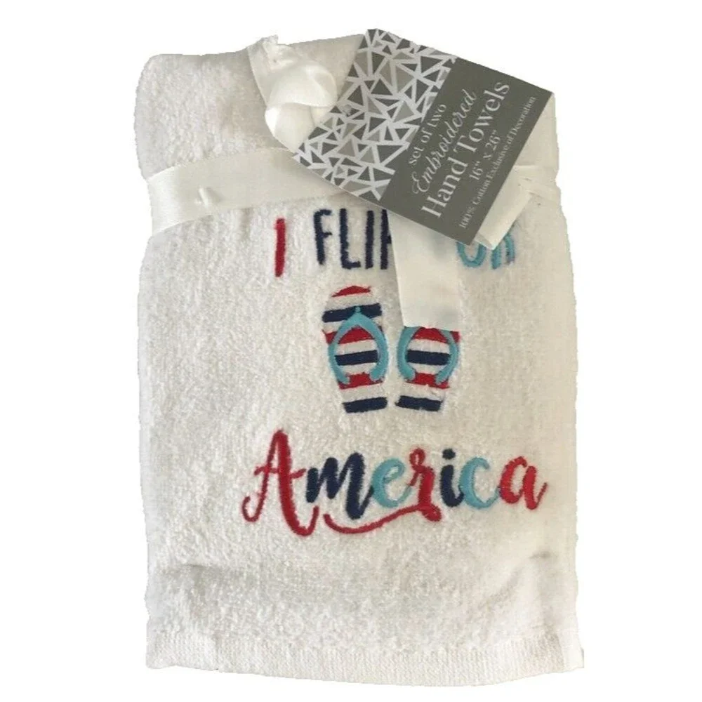 America Embroidered Hand Towels Bathroom July 4th USA Red White Blue Set of 2
